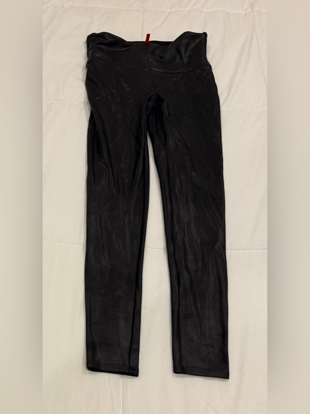 SPANX Faux Leather Leggings Black Metallic Coating Size Large Compression M